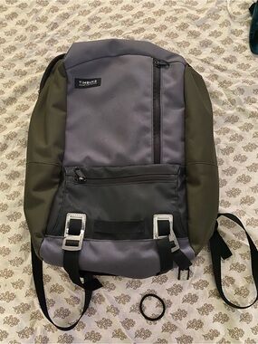 Timbuk2 Two-Tone Gray and Olive Green Backpack with Front Buckles